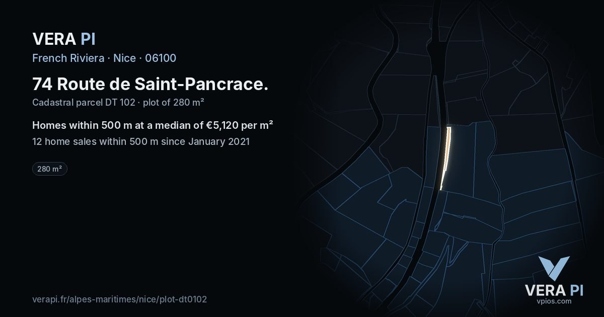 74 Route de Saint-Pancrace, Nice at night – the plot lit, the parcels around coloured by the prices near them