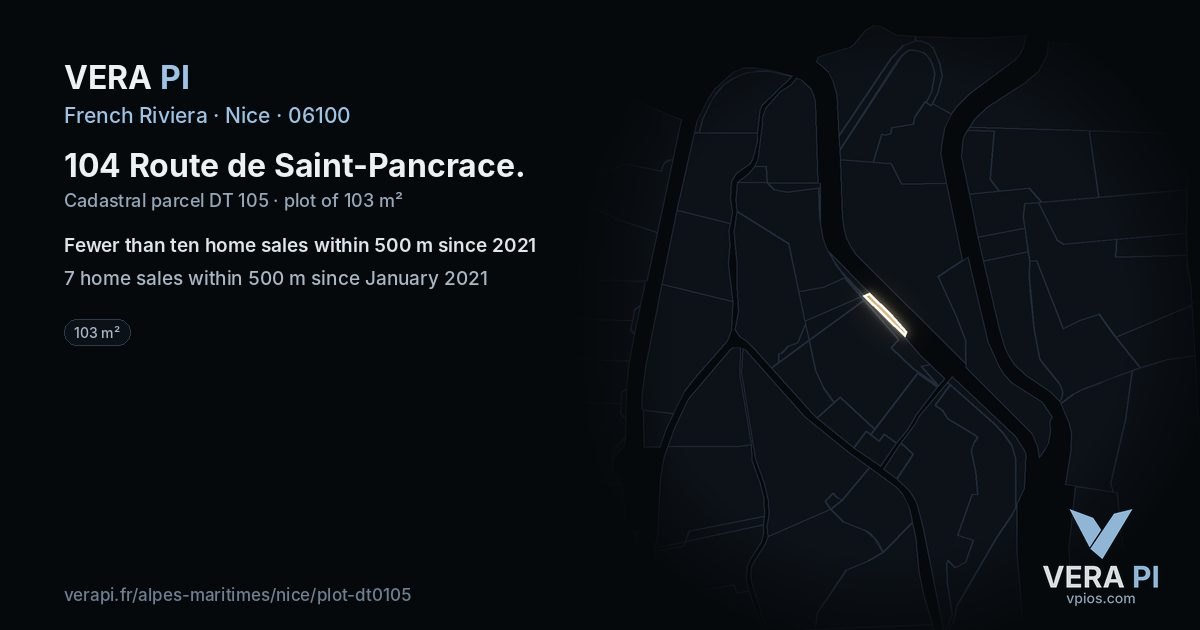 104 Route de Saint-Pancrace, Nice at night – the plot lit, the parcels around coloured by the prices near them