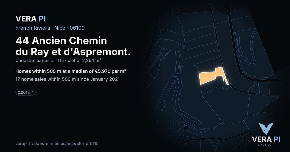 44 Ancien Chemin du Ray et d'Aspremont, Nice at night – the plot lit, the parcels around coloured by the prices near them