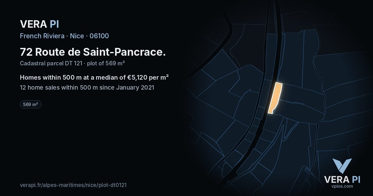 72 Route de Saint-Pancrace, Nice at night – the plot lit, the parcels around coloured by the prices near them