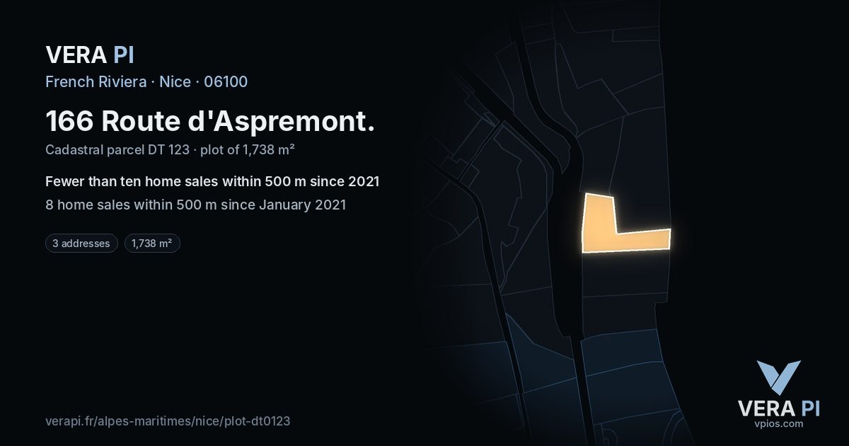 166 Route d'Aspremont, Nice at night – the plot lit, the parcels around coloured by the prices near them