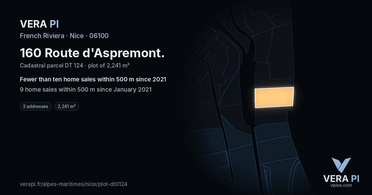 160 Route d'Aspremont, Nice at night – the plot lit, the parcels around coloured by the prices near them