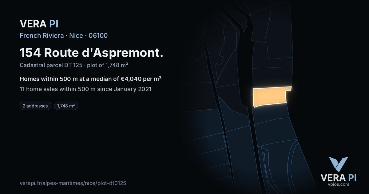 154 Route d'Aspremont, Nice at night – the plot lit, the parcels around coloured by the prices near them