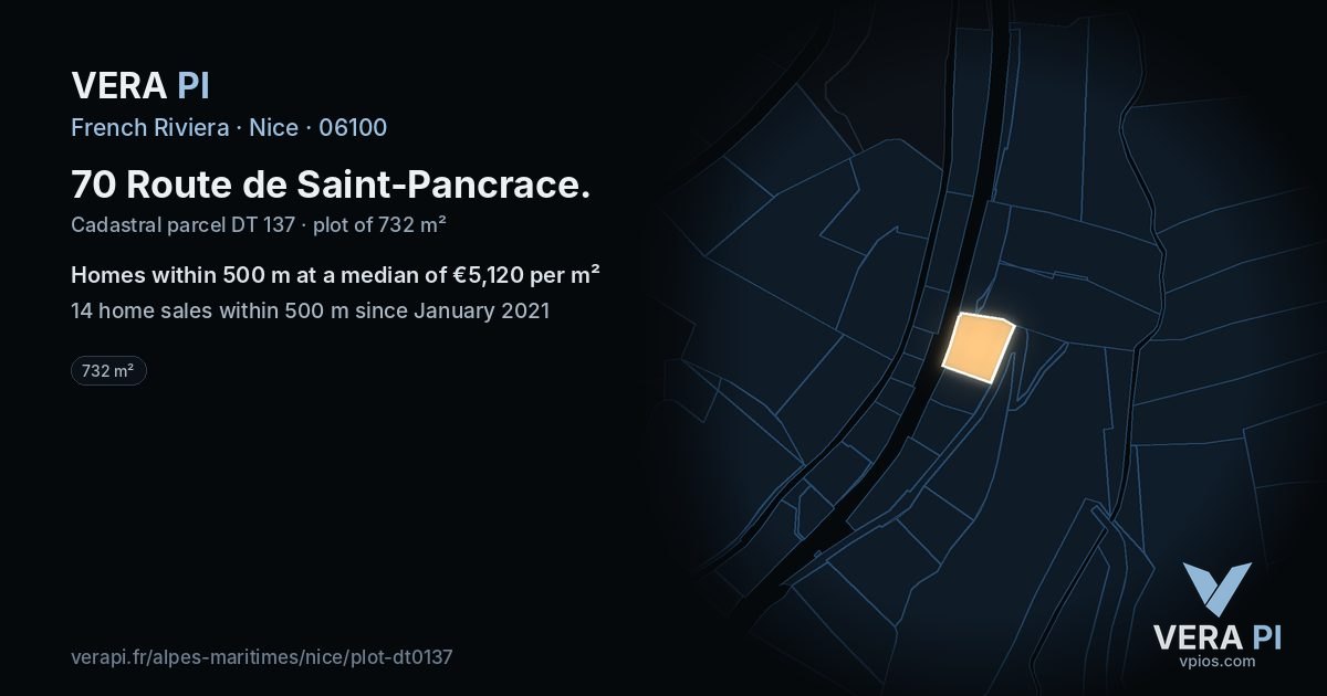 70 Route de Saint-Pancrace, Nice at night – the plot lit, the parcels around coloured by the prices near them