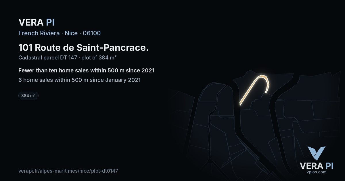 101 Route de Saint-Pancrace, Nice at night – the plot lit, the parcels around coloured by the prices near them