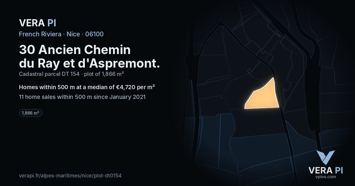 30 Ancien Chemin du Ray et d'Aspremont, Nice at night – the plot lit, the parcels around coloured by the prices near them