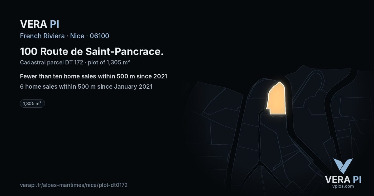 100 Route de Saint-Pancrace, Nice at night – the plot lit, the parcels around coloured by the prices near them