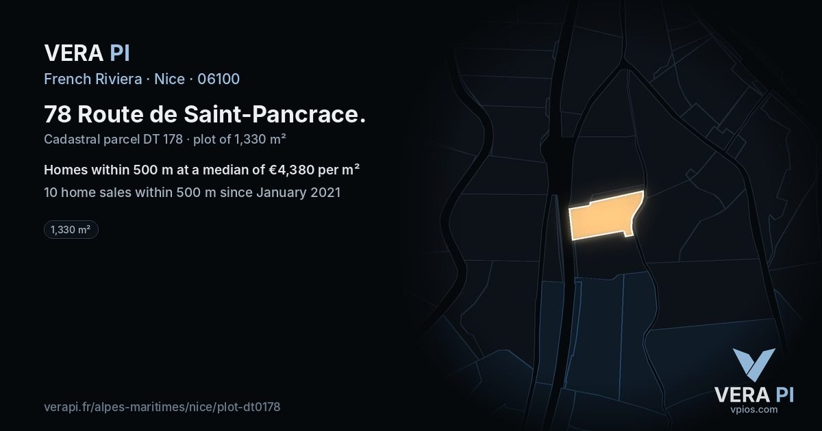 78 Route de Saint-Pancrace, Nice at night – the plot lit, the parcels around coloured by the prices near them
