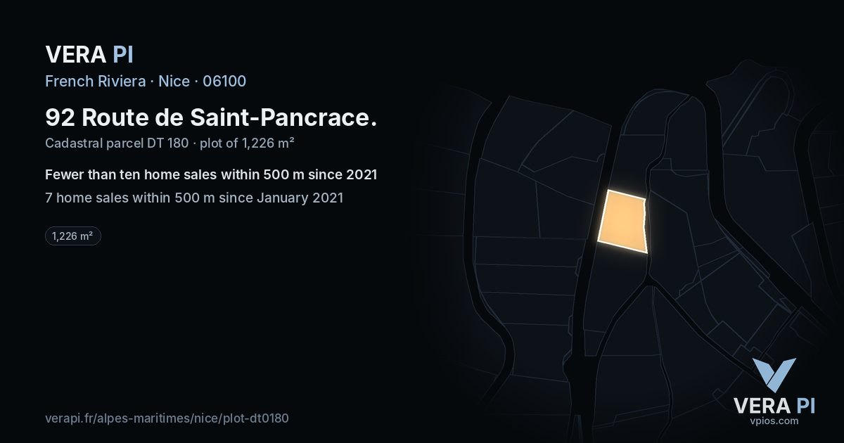 92 Route de Saint-Pancrace, Nice at night – the plot lit, the parcels around coloured by the prices near them