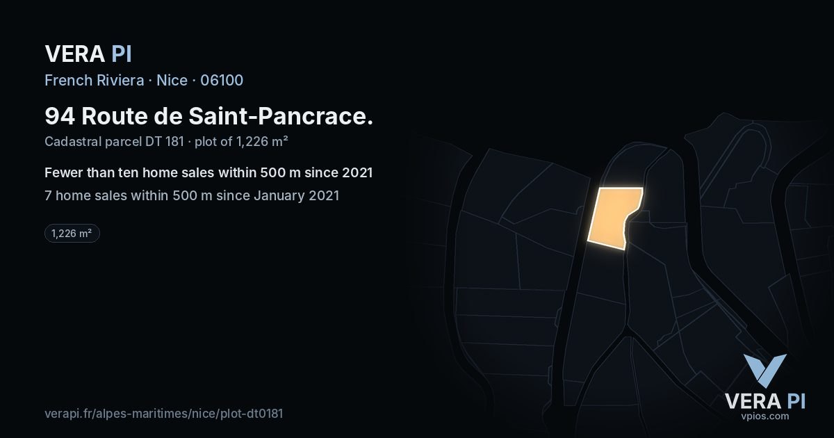 94 Route de Saint-Pancrace, Nice at night – the plot lit, the parcels around coloured by the prices near them