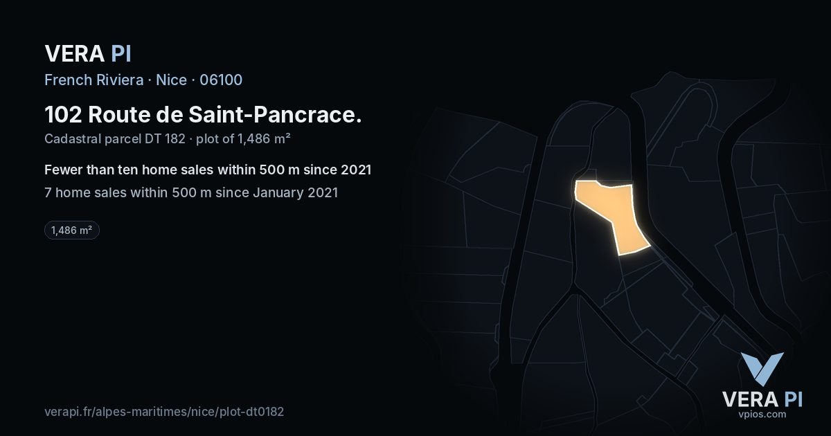 102 Route de Saint-Pancrace, Nice at night – the plot lit, the parcels around coloured by the prices near them