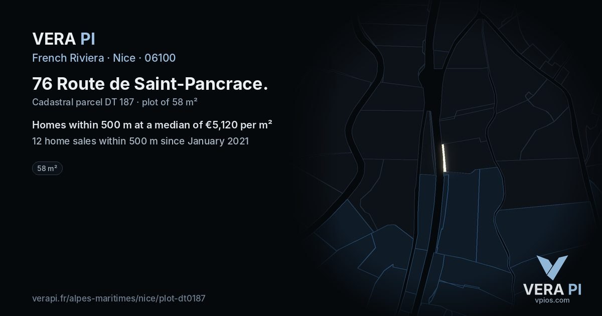 76 Route de Saint-Pancrace, Nice at night – the plot lit, the parcels around coloured by the prices near them