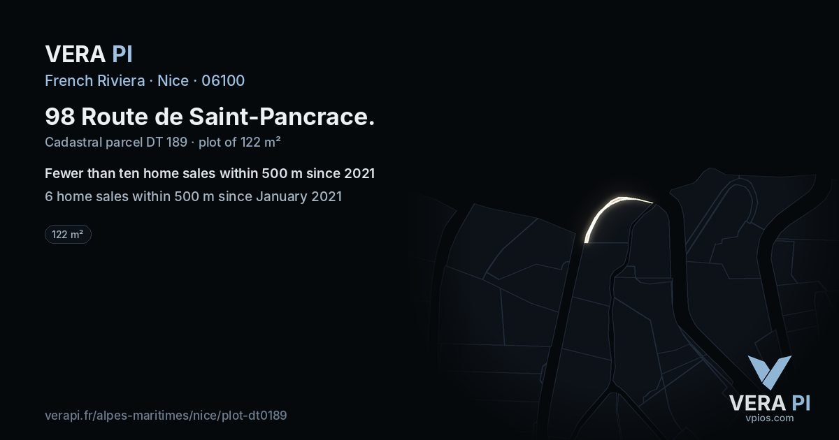 98 Route de Saint-Pancrace, Nice at night – the plot lit, the parcels around coloured by the prices near them