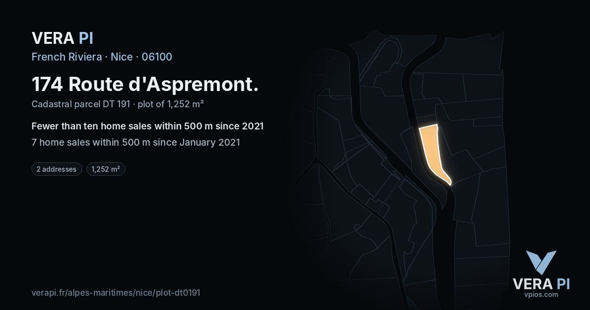 174 Route d'Aspremont, Nice at night – the plot lit, the parcels around coloured by the prices near them
