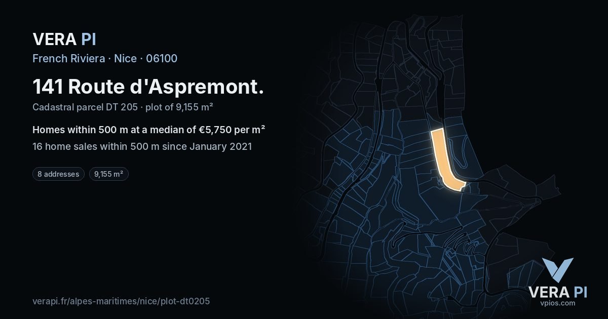 141 Route d'Aspremont, Nice at night – the plot lit, the parcels around coloured by the prices near them