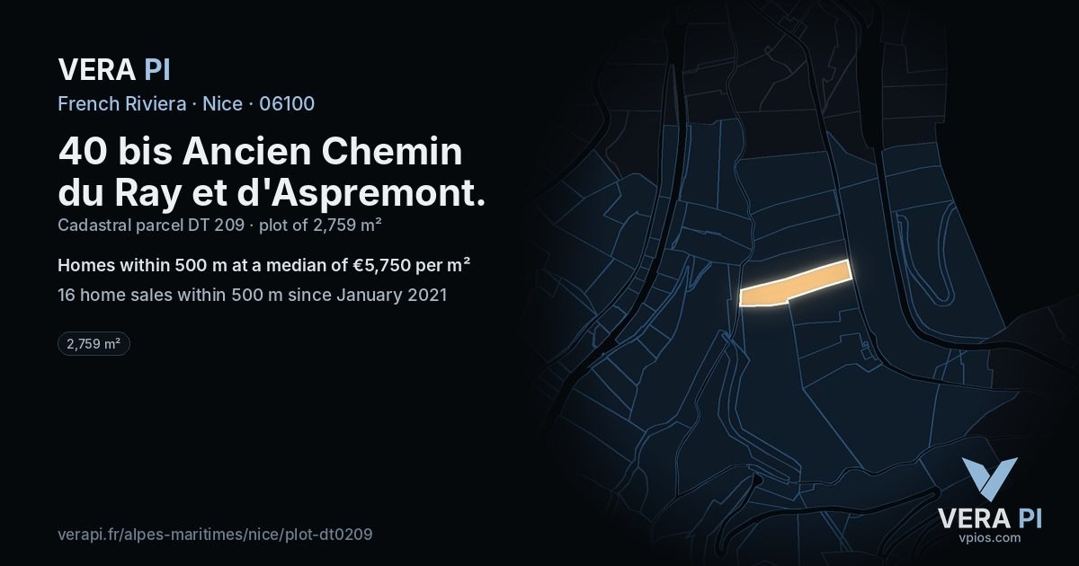 40 bis Ancien Chemin du Ray et d'Aspremont, Nice at night – the plot lit, the parcels around coloured by the prices near them