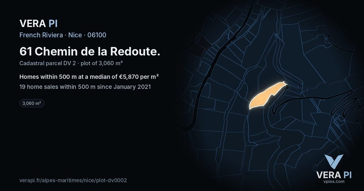 61 Chemin de la Redoute, Nice at night – the plot lit, the parcels around coloured by the prices near them