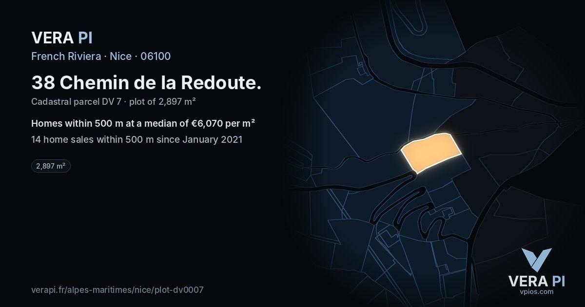 38 Chemin de la Redoute, Nice at night – the plot lit, the parcels around coloured by the prices near them