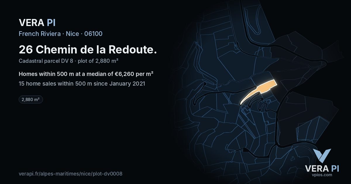26 Chemin de la Redoute, Nice at night – the plot lit, the parcels around coloured by the prices near them