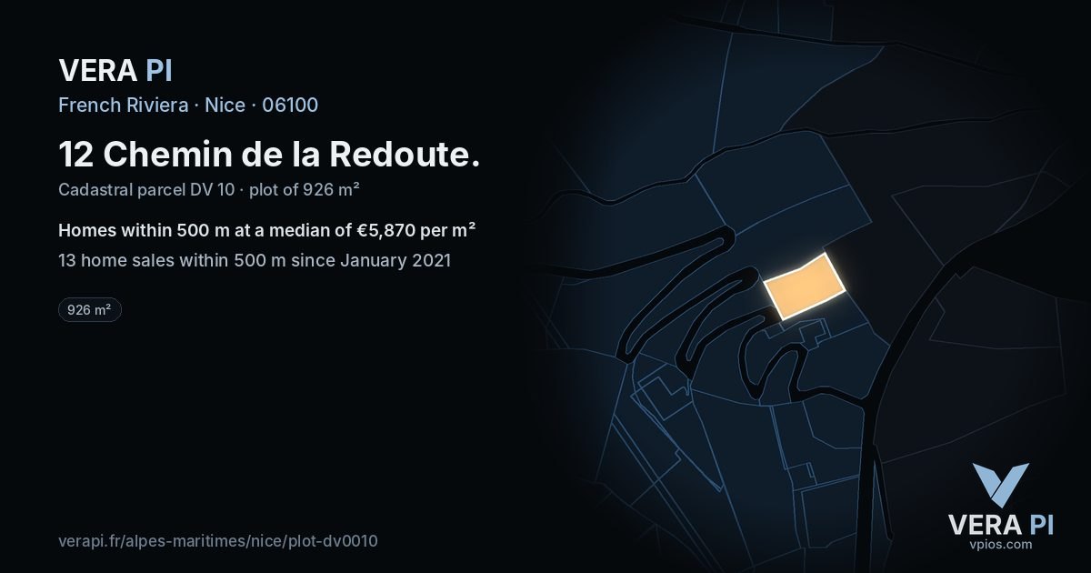 12 Chemin de la Redoute, Nice at night – the plot lit, the parcels around coloured by the prices near them
