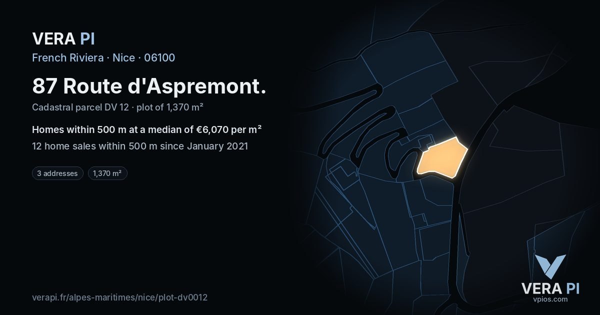 87 Route d'Aspremont, Nice at night – the plot lit, the parcels around coloured by the prices near them
