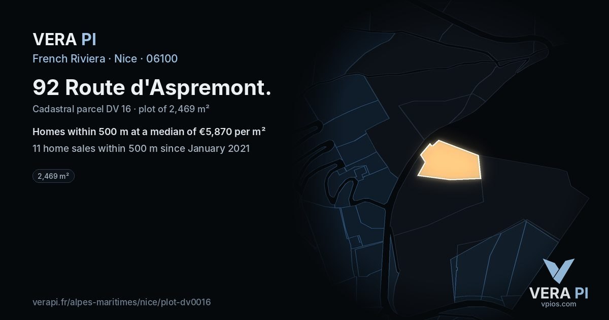 92 Route d'Aspremont, Nice at night – the plot lit, the parcels around coloured by the prices near them