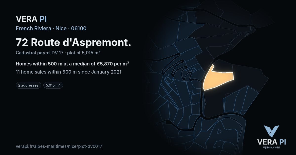 72 Route d'Aspremont, Nice at night – the plot lit, the parcels around coloured by the prices near them