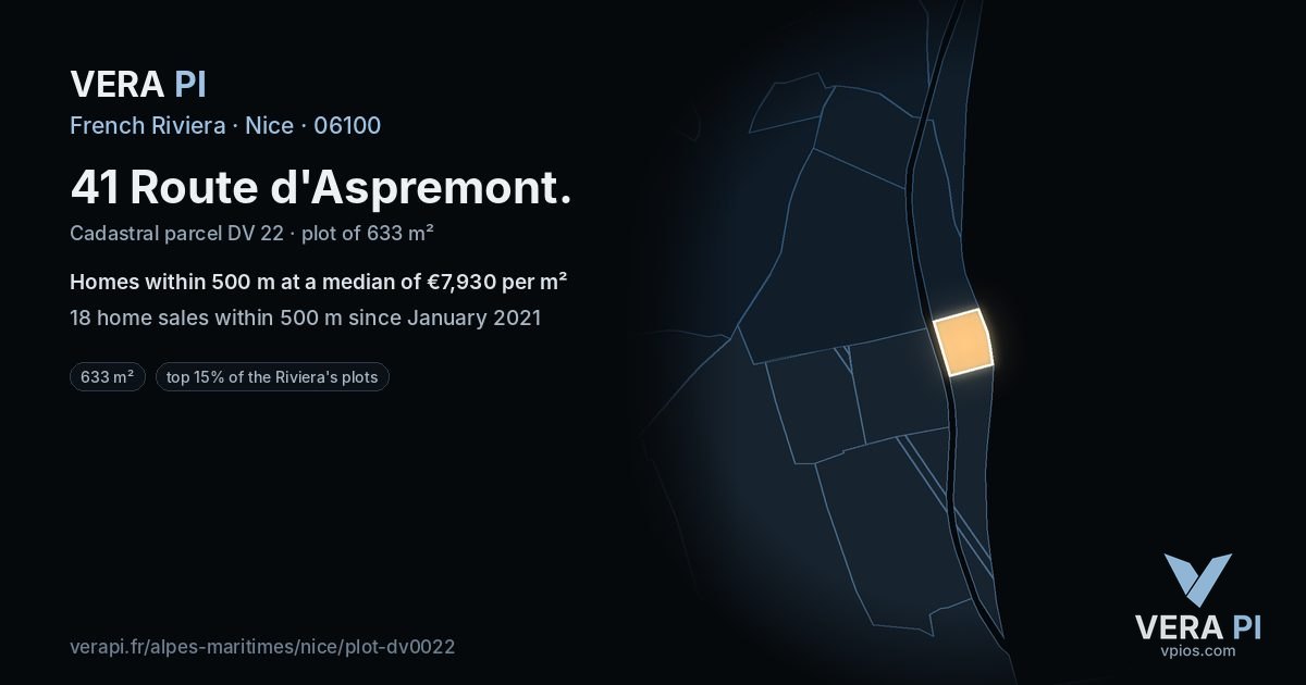 41 Route d'Aspremont, Nice at night – the plot lit, the parcels around coloured by the prices near them