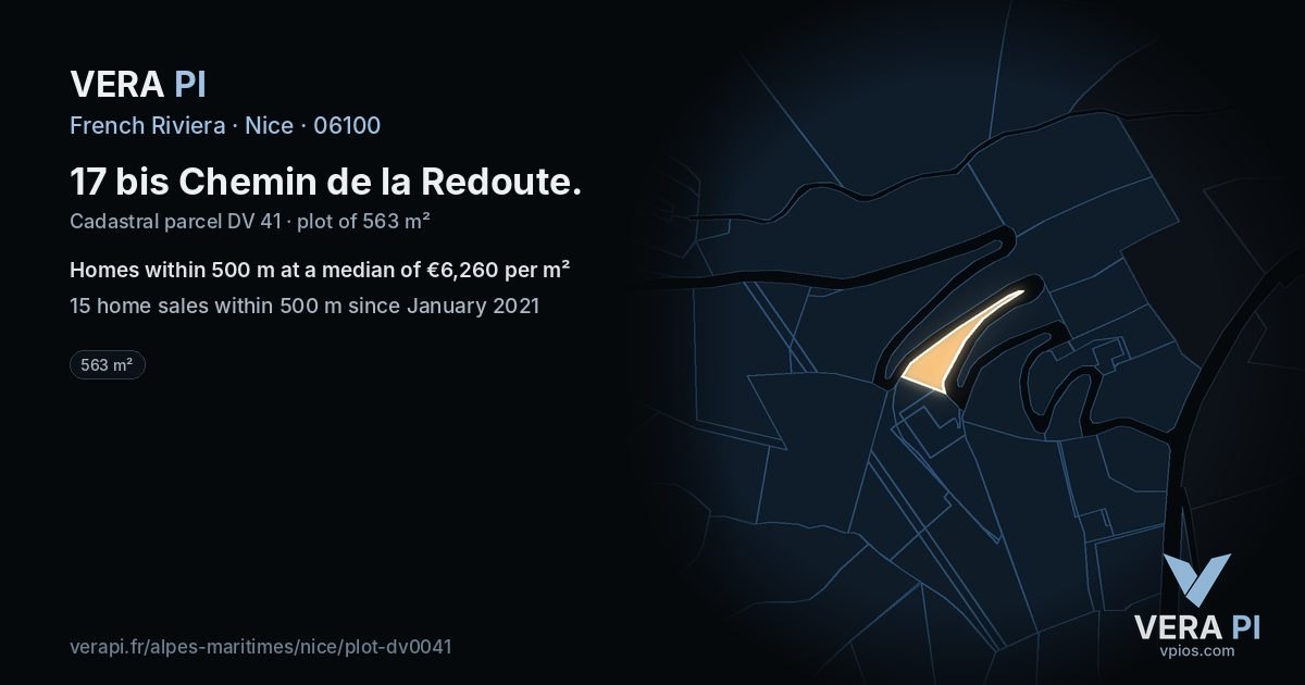 17 bis Chemin de la Redoute, Nice at night – the plot lit, the parcels around coloured by the prices near them