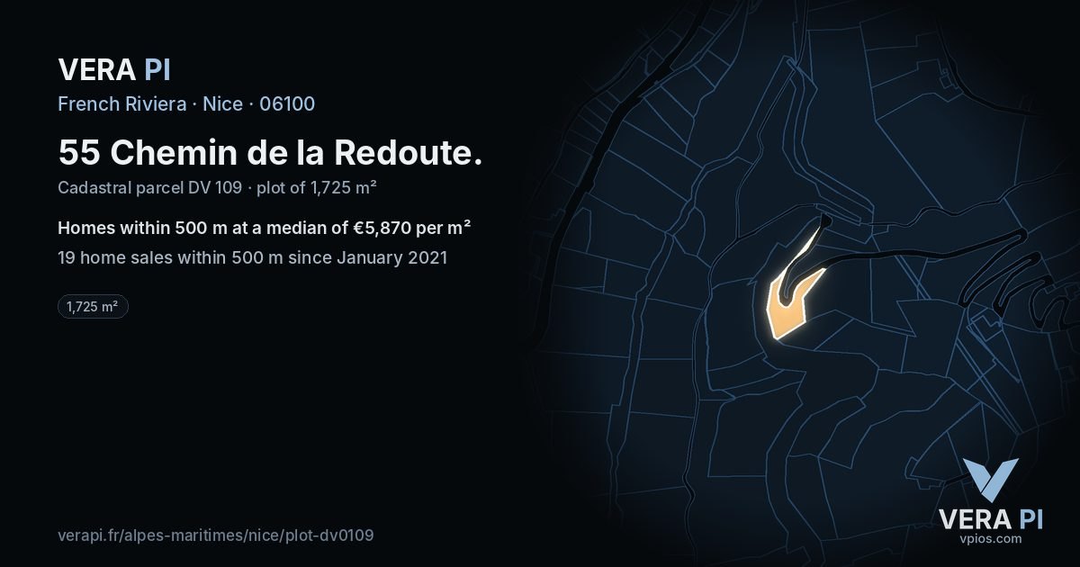 55 Chemin de la Redoute, Nice at night – the plot lit, the parcels around coloured by the prices near them
