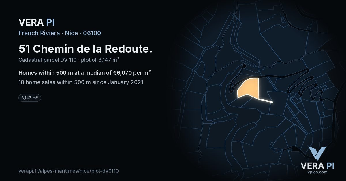 51 Chemin de la Redoute, Nice at night – the plot lit, the parcels around coloured by the prices near them