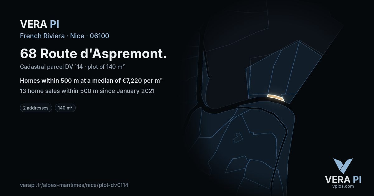 68 Route d'Aspremont, Nice at night – the plot lit, the parcels around coloured by the prices near them