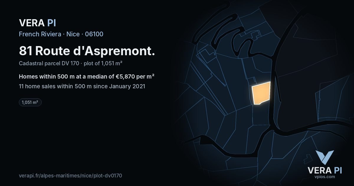 81 Route d'Aspremont, Nice at night – the plot lit, the parcels around coloured by the prices near them
