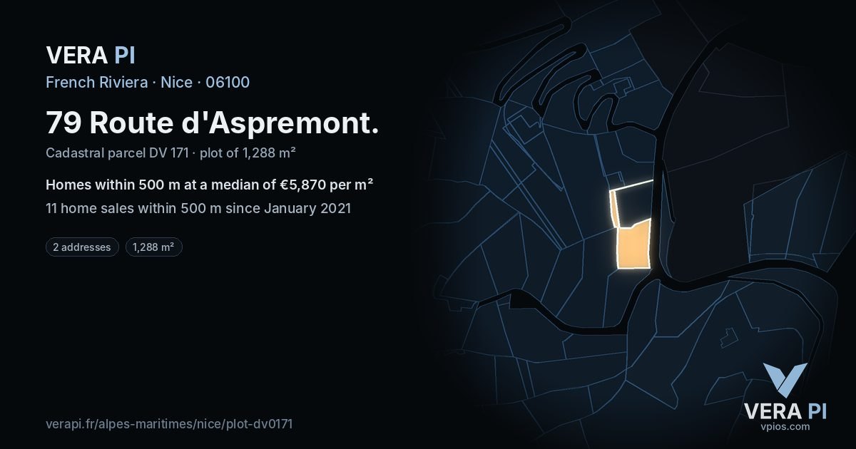 79 Route d'Aspremont, Nice at night – the plot lit, the parcels around coloured by the prices near them