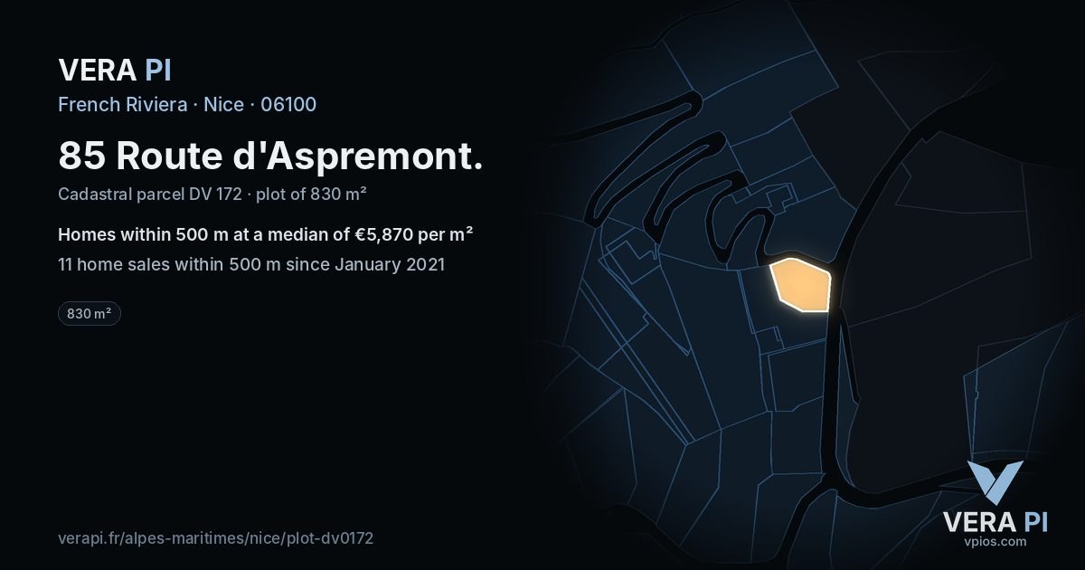 85 Route d'Aspremont, Nice at night – the plot lit, the parcels around coloured by the prices near them