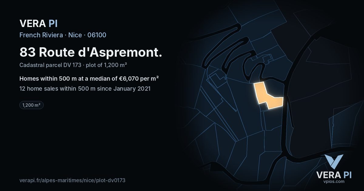 83 Route d'Aspremont, Nice at night – the plot lit, the parcels around coloured by the prices near them