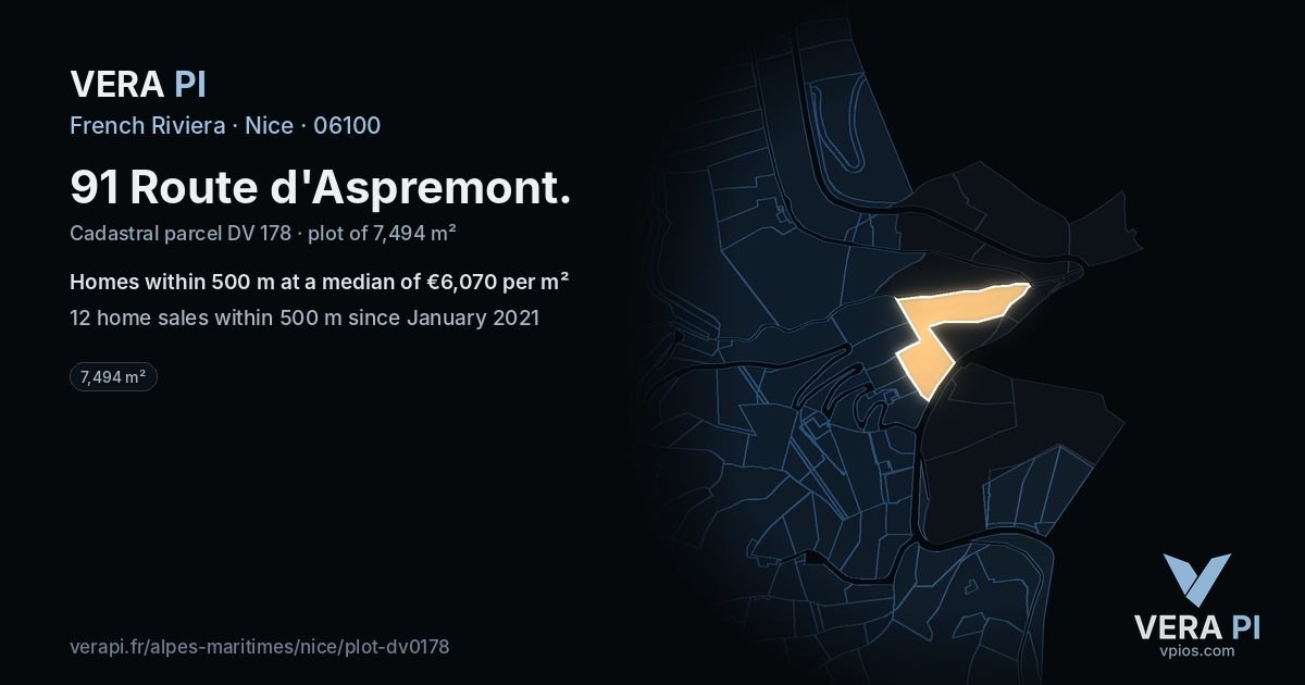 91 Route d'Aspremont, Nice at night – the plot lit, the parcels around coloured by the prices near them