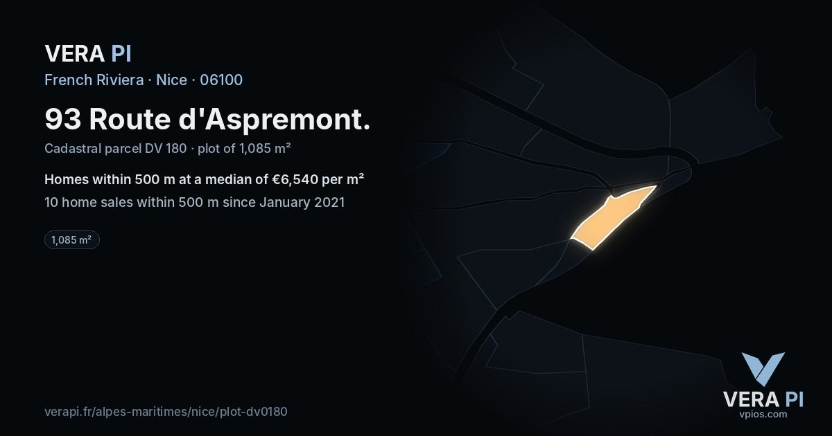 93 Route d'Aspremont, Nice at night – the plot lit, the parcels around coloured by the prices near them