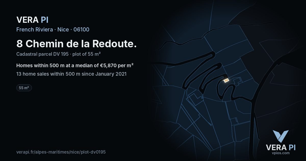 8 Chemin de la Redoute, Nice at night – the plot lit, the parcels around coloured by the prices near them