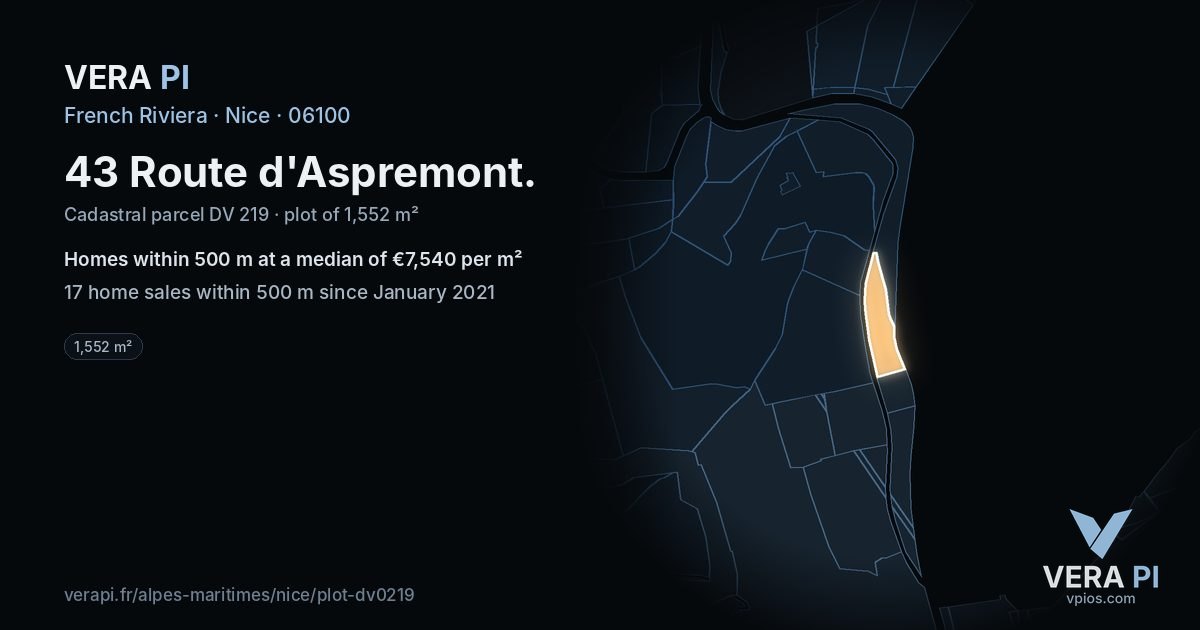 43 Route d'Aspremont, Nice at night – the plot lit, the parcels around coloured by the prices near them