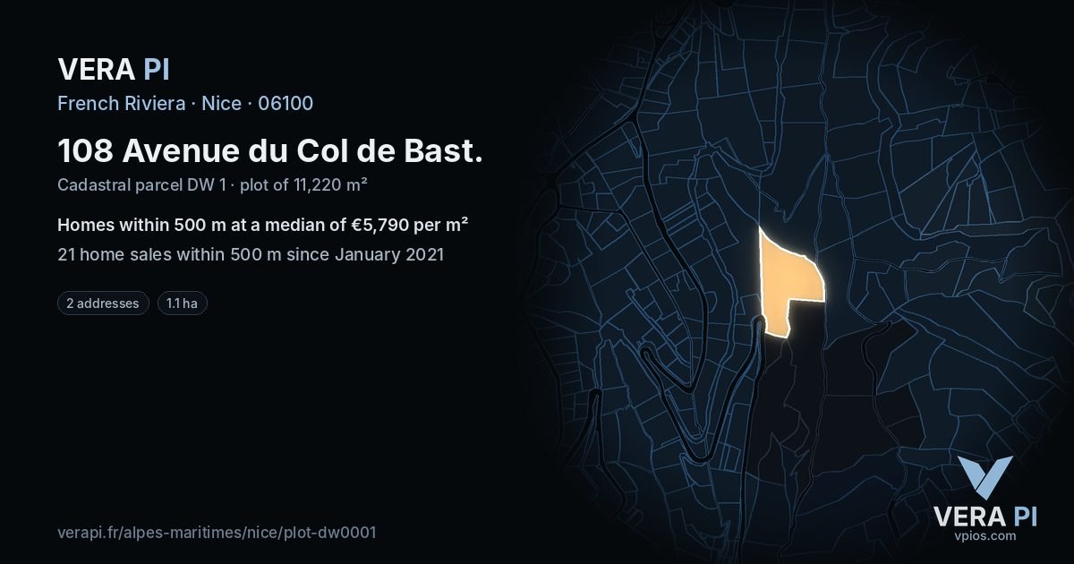108 Avenue du Col de Bast, Nice at night – the plot lit, the parcels around coloured by the prices near them