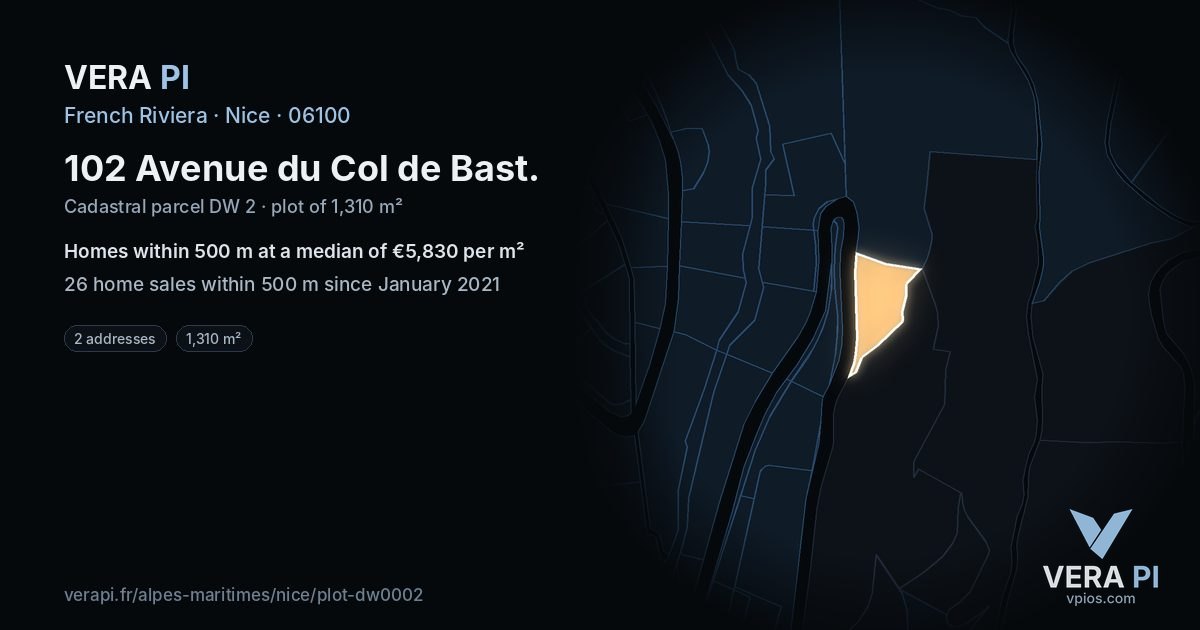 102 Avenue du Col de Bast, Nice at night – the plot lit, the parcels around coloured by the prices near them