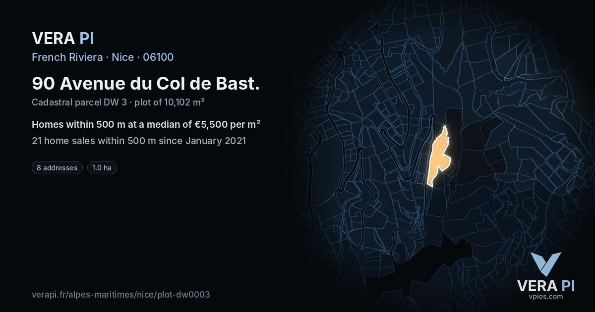 90 Avenue du Col de Bast, Nice at night – the plot lit, the parcels around coloured by the prices near them