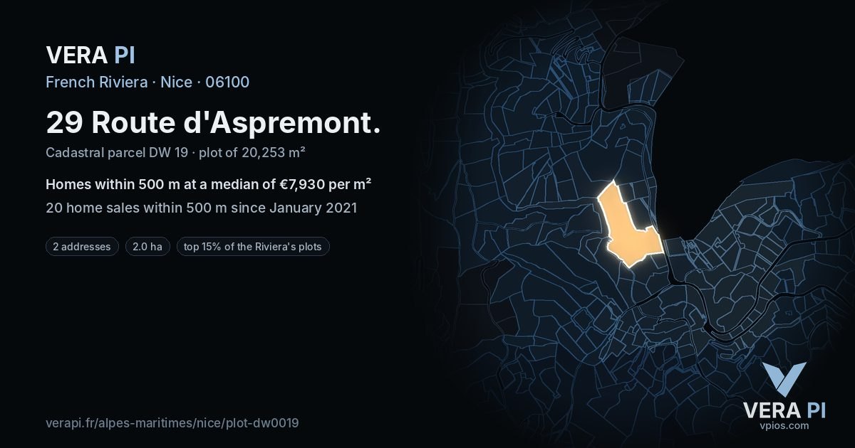 29 Route d'Aspremont, Nice at night – the plot lit, the parcels around coloured by the prices near them