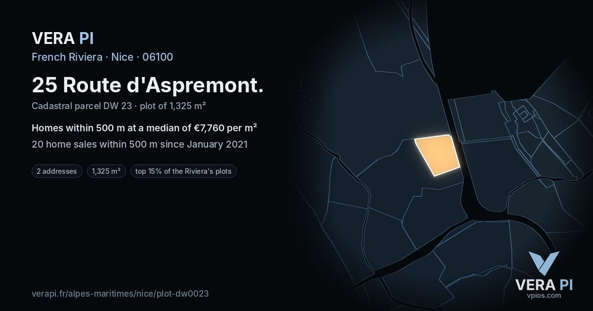 25 Route d'Aspremont, Nice at night – the plot lit, the parcels around coloured by the prices near them