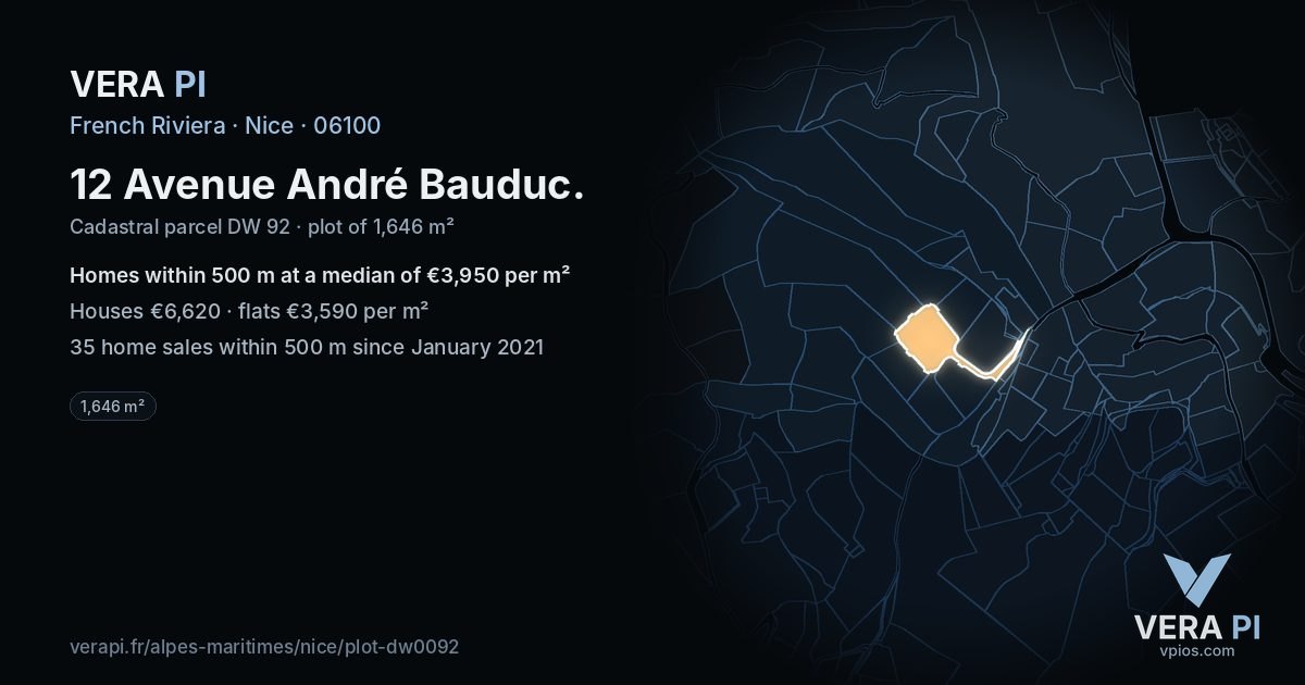 12 Avenue André Bauduc, Nice at night – the plot lit, the parcels around coloured by the prices near them