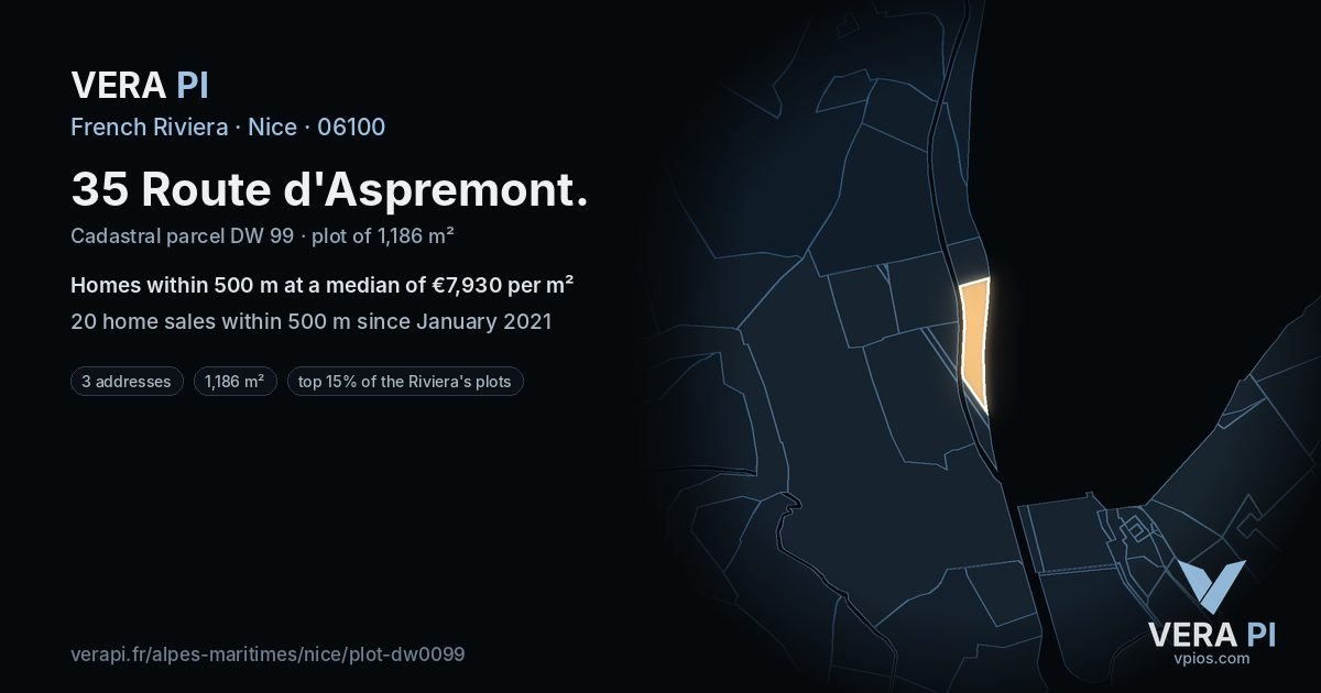 35 Route d'Aspremont, Nice at night – the plot lit, the parcels around coloured by the prices near them