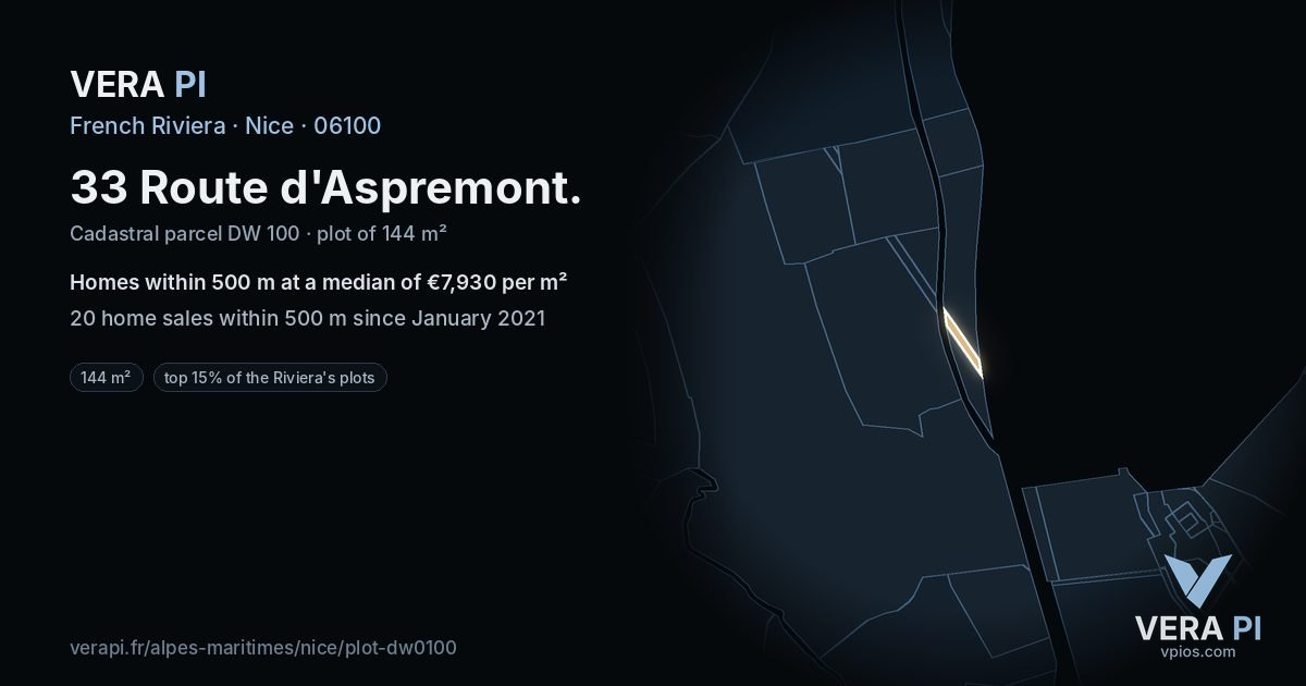 33 Route d'Aspremont, Nice at night – the plot lit, the parcels around coloured by the prices near them