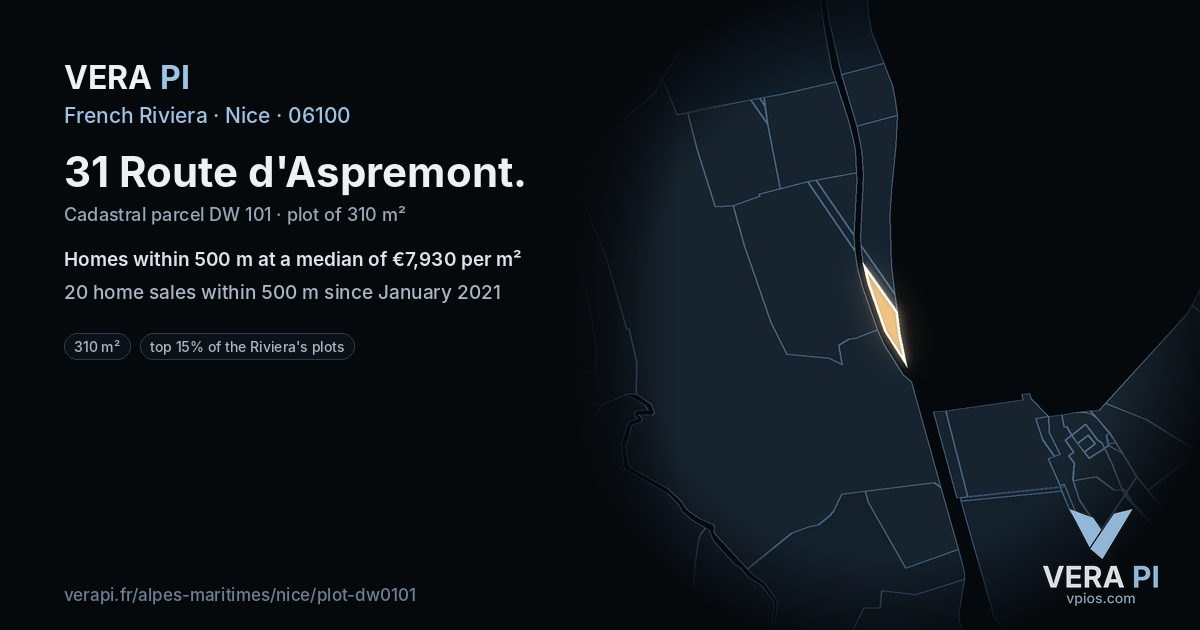 31 Route d'Aspremont, Nice at night – the plot lit, the parcels around coloured by the prices near them
