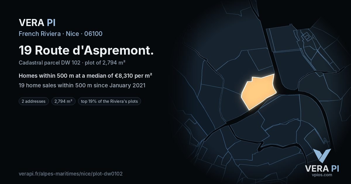 19 Route d'Aspremont, Nice at night – the plot lit, the parcels around coloured by the prices near them